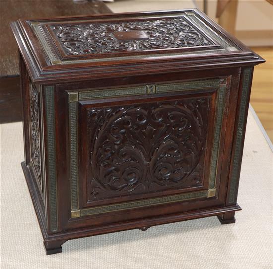 A Victorian foliate-carved and panelled mahogany table cigar cabinet and smokers compendium, H 28cm W 29.5cm